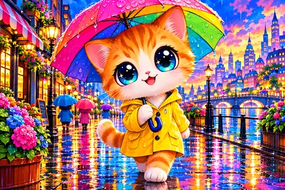 A completed landscape diamond painting kit featuring an adorable kawaii cartoon illustration of a rainy city street at night, with dramatic rim lighti