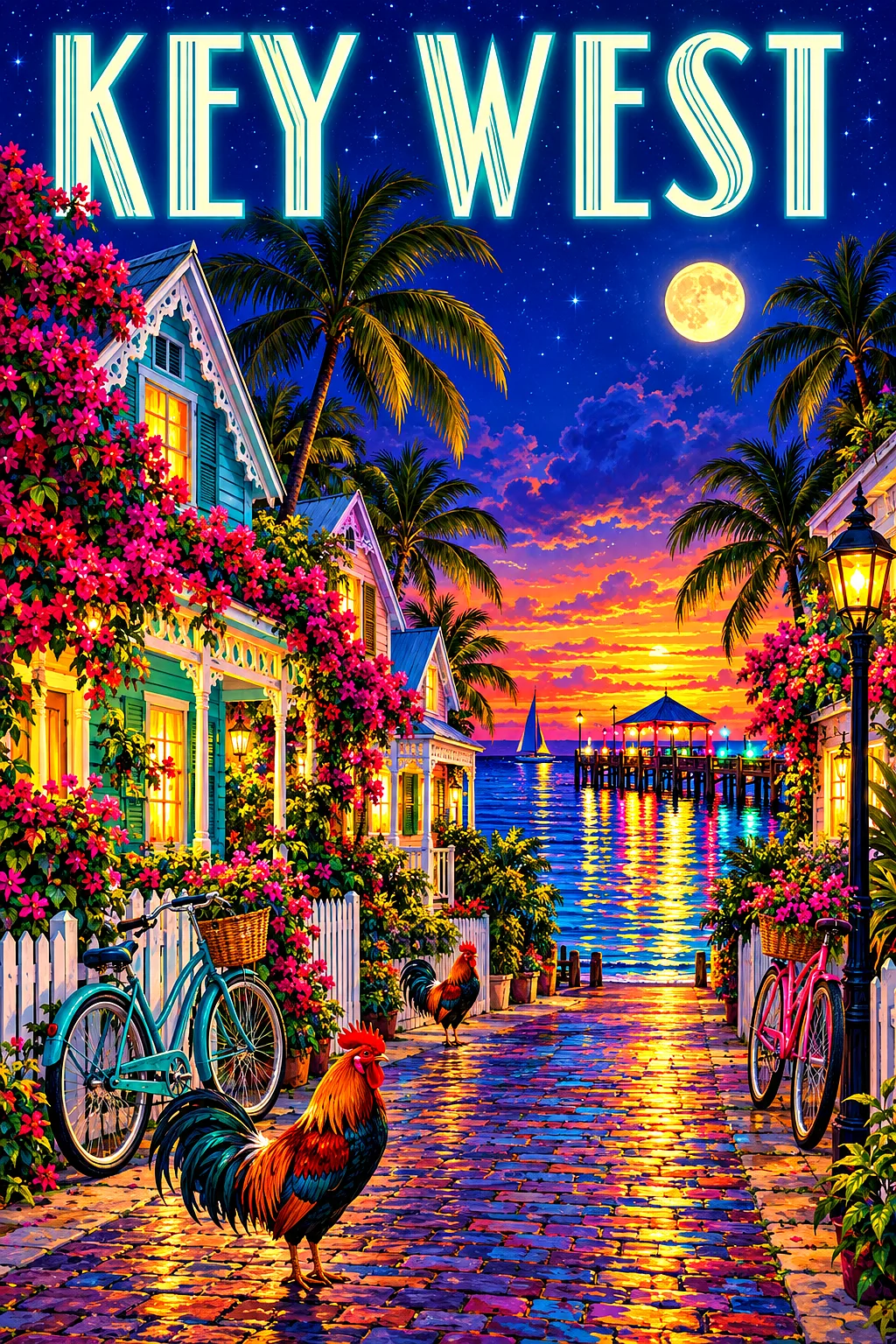 A tropical Key West street at night with gingerbread cottages, glowing windows, bicycles, bougainvillea, and a starry indigo sky with a full moon.