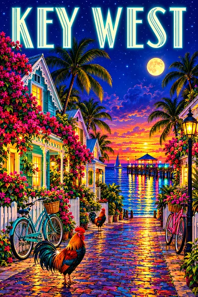 A tropical Key West street at night with gingerbread cottages, glowing windows, bicycles, bougainvillea, and a starry indigo sky with a full moon.