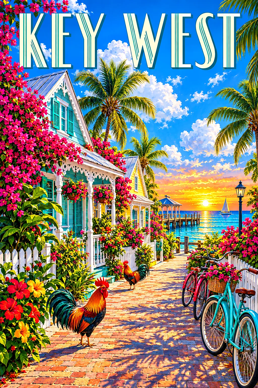 A luminous digital painting of a Key West tropical lane at sunset, featuring gingerbread cottages, roosters, bicycles, bougainvillea, a vivid blue sky