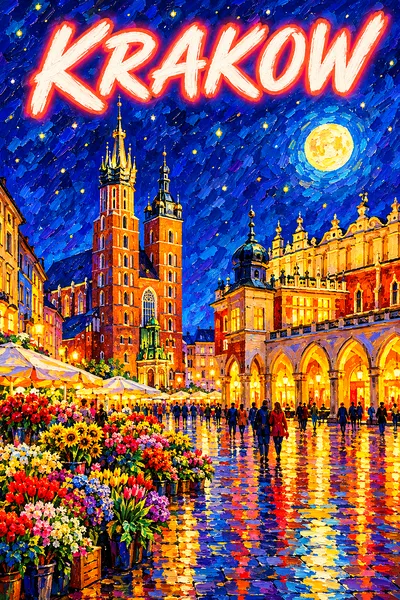 Portrait diamond painting of a historic European city at night, with a renaissance cloth hall, a twin-spired basilica, and flower stalls under a starr