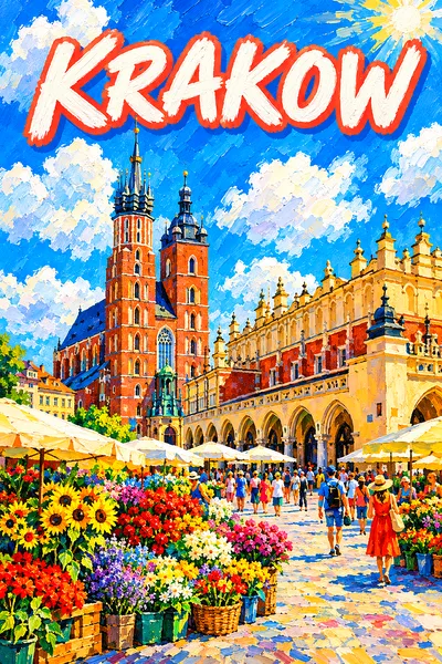 A completed portrait diamond painting depicting a sunny medieval market square in Krakow with a cloth hall, basilica, and flower stalls.