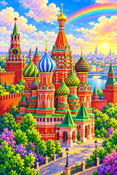 Whimsical illustration of onion-domed cathedrals in the Moscow Kremlin, depicted with a rainbow color palette and soft glowing light, in portrait orie