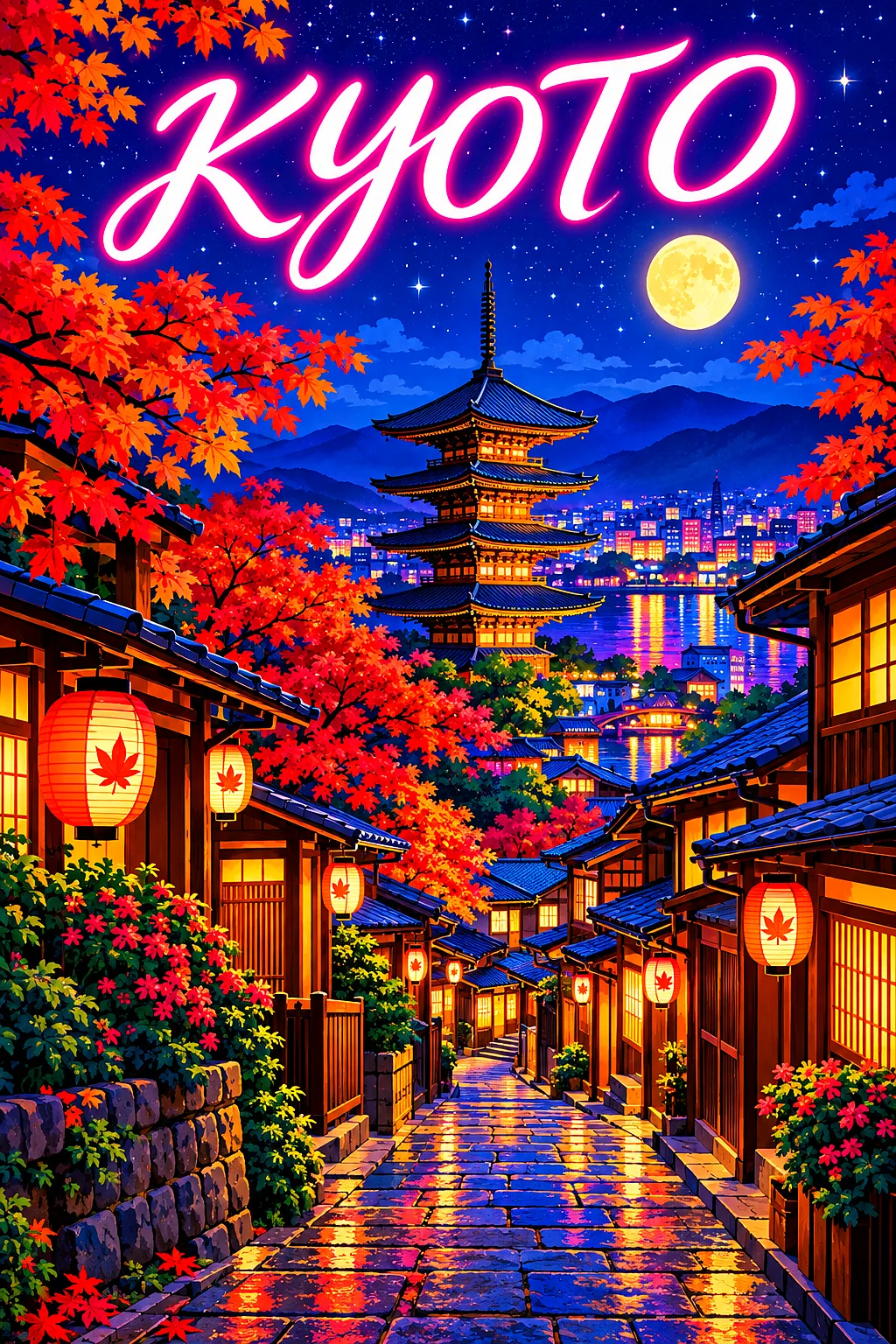 Retro vintage illustration style diamond painting kit of a stone-paved lane in Kyoto at night, with wooden teahouses, paper lanterns, maple trees, a p