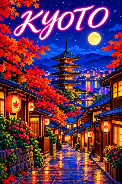 Retro vintage illustration style diamond painting kit of a stone-paved lane in Kyoto at night, with wooden teahouses, paper lanterns, maple trees, a p