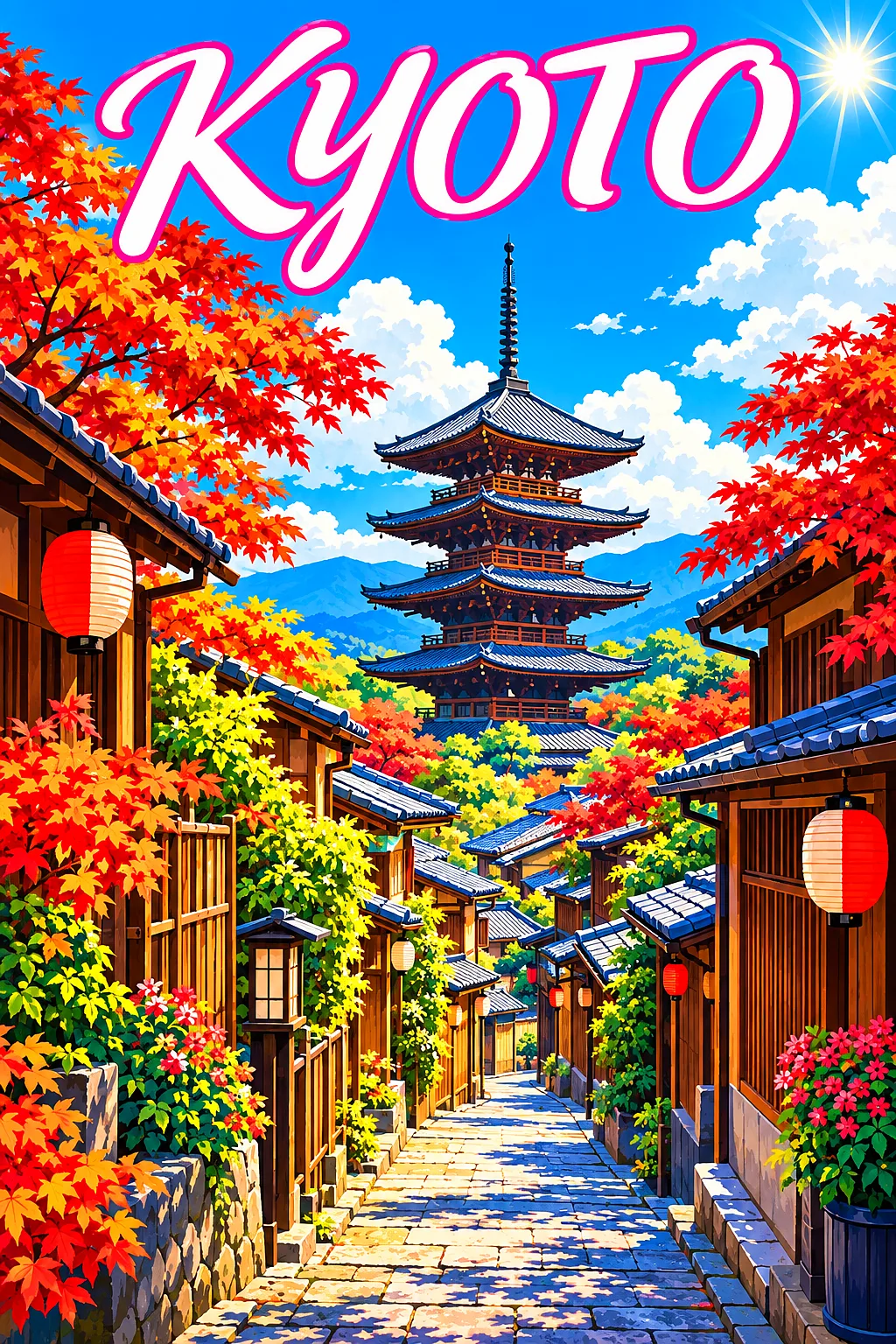 Retro vintage travel poster style diamond painting kit of a sunny stone-paved lane in Kyoto, Japan, with wooden teahouses, maple trees, paper lanterns