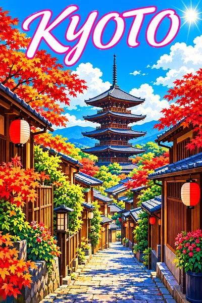Retro vintage travel poster style diamond painting kit of a sunny stone-paved lane in Kyoto, Japan, with wooden teahouses, maple trees, paper lanterns