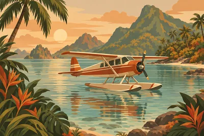 A landscape diamond painting depicting a modern boho seaplane flying over a tropical lagoon with autumn tones of terracotta, sage, mustard, and sand.