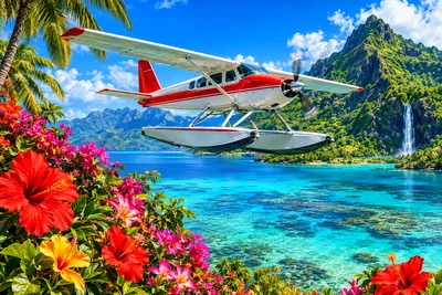Hyper-detailed photorealistic painting of a seaplane flying low over a vibrant turquoise tropical lagoon, surrounded by lush, colorful flowers, under