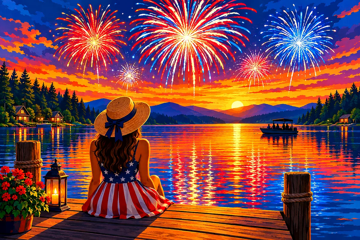 Retro vintage travel poster illustration of Fourth of July fireworks exploding over a lake at golden hour, with warm glowing light and simplified shap