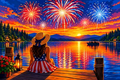 Retro vintage travel poster illustration of Fourth of July fireworks exploding over a lake at golden hour, with warm glowing light and simplified shap