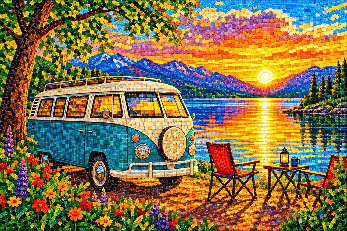 A completed diamond painting kit showing a vintage camper van parked by a serene lake at golden hour, with warm light reflecting on the water, in a gl