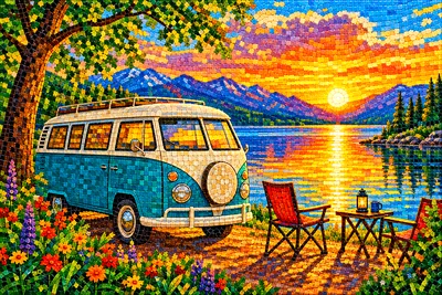 A completed diamond painting kit showing a vintage camper van parked by a serene lake at golden hour, with warm light reflecting on the water, in a gl