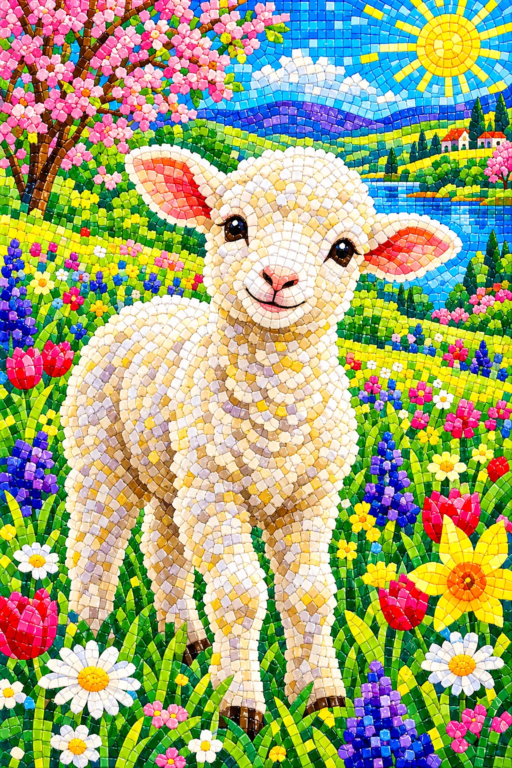 Portrait diamond painting of a fluffy white lamb with large innocent eyes standing in a spring meadow with green grass and small colorful flowers, ren