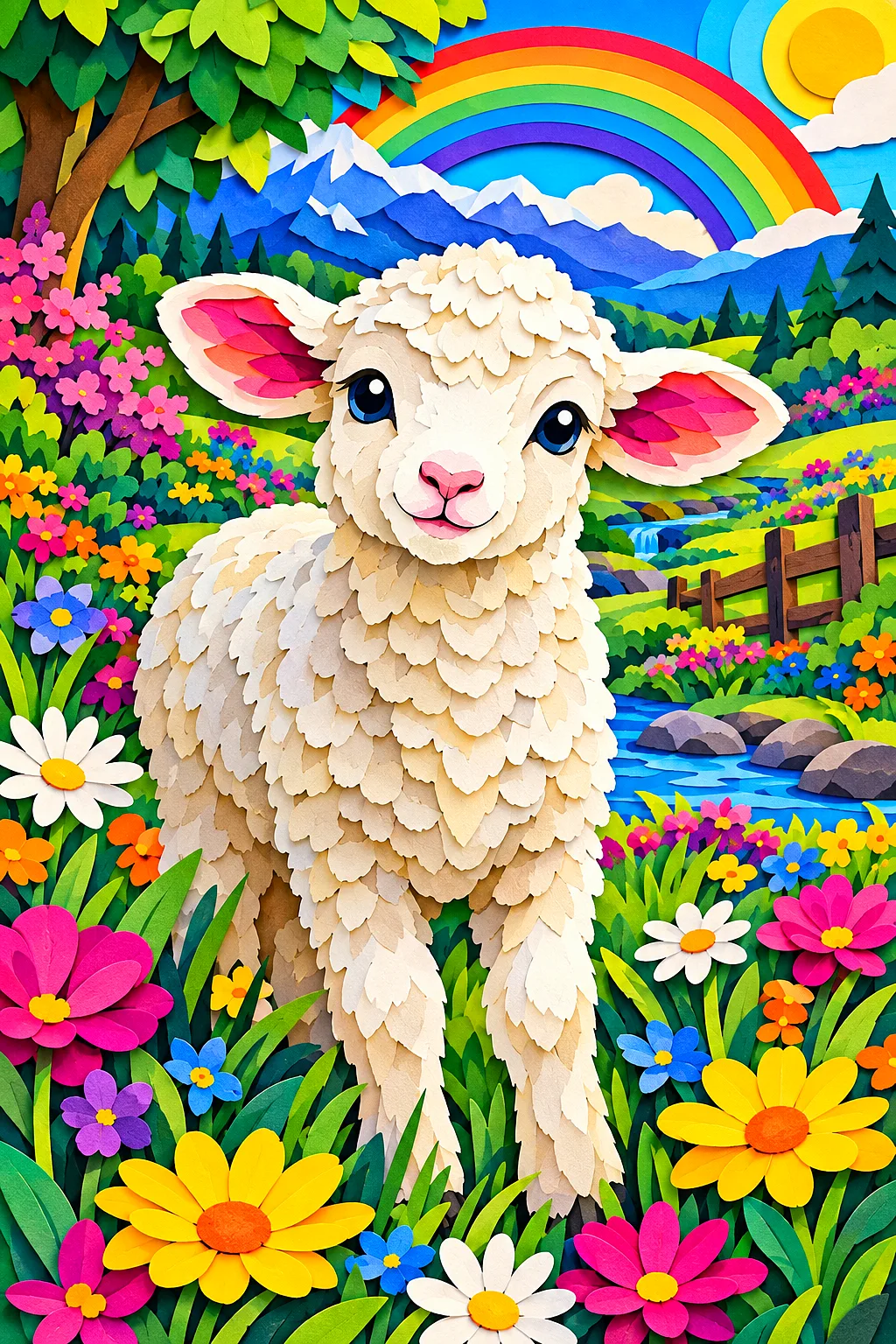 Close-up of a diamond painting kit featuring a lamb in a spring meadow, depicted in a layered papercut art style with a rainbow color palette.
