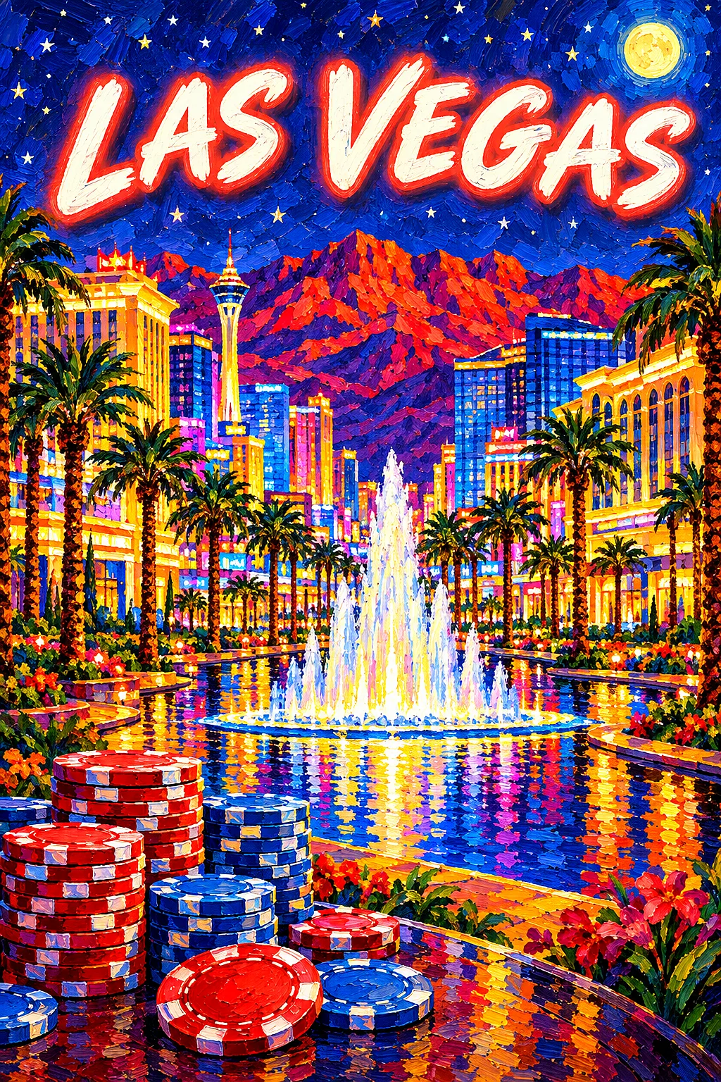 Portrait diamond painting of a palm-lined desert boulevard at night, with glittering showrooms, a splashing fountain, red and blue poker chips, and re