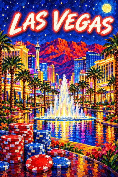 Portrait diamond painting of a palm-lined desert boulevard at night, with glittering showrooms, a splashing fountain, red and blue poker chips, and re