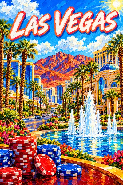 Portrait diamond painting of a palm-lined desert boulevard with glittering showrooms, a splashing fountain, poker chips, and red rock mountains.