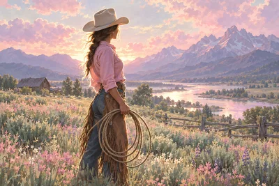 Dreamy pastel diamond painting kit depicting a cowgirl with a lasso in a field, with dramatic rim lighting. Colors include powder pink, sage green, la