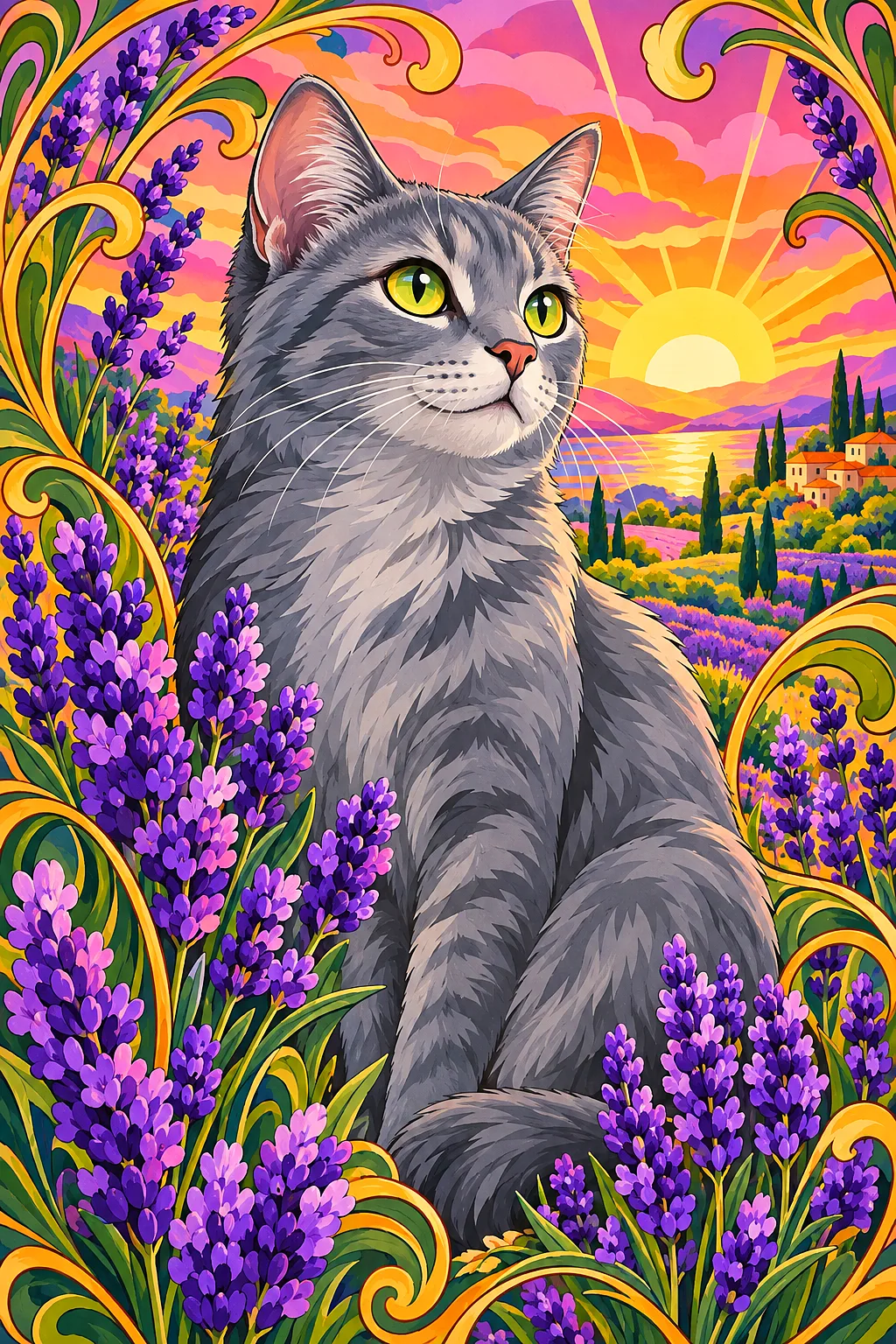 Portrait-oriented diamond painting kit featuring a grey cat with art nouveau flowing lines, surrounded by lavender blooms in a cheerful sunrise palett