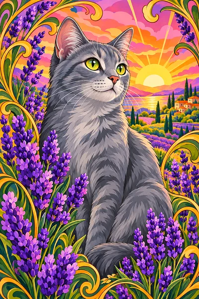 Portrait-oriented diamond painting kit featuring a grey cat with art nouveau flowing lines, surrounded by lavender blooms in a cheerful sunrise palett