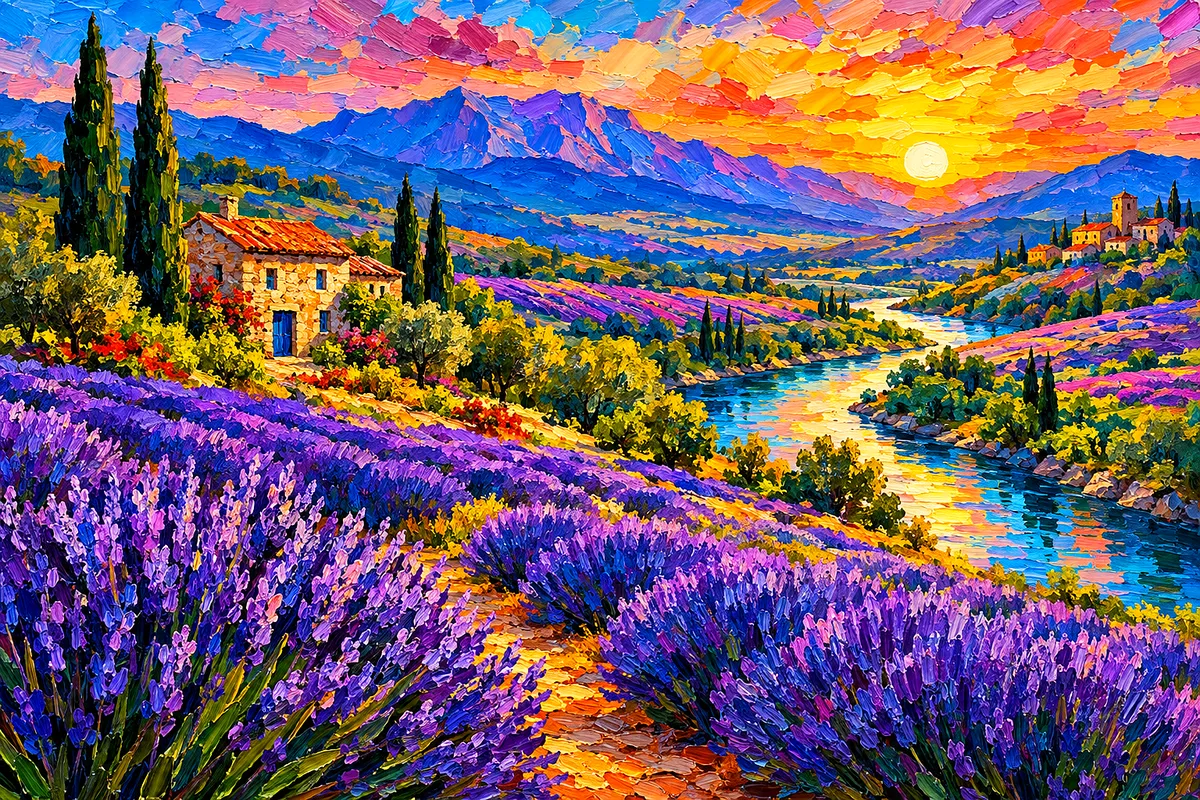 Wide scenic landscape diamond painting depicting a lavender valley with a winding river in a rich impasto oil painting style with bold saturated color