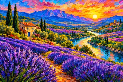 Wide scenic landscape diamond painting depicting a lavender valley with a winding river in a rich impasto oil painting style with bold saturated color