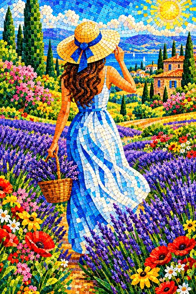 Portrait diamond painting of a woman in a wide sunhat walking through a field of purple lavender flowers and other colorful blooms, rendered in a glos