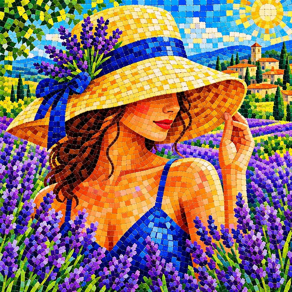 Close-up square diamond painting of a woman in a sunhat, seen from behind, walking through a field of purple lavender, rendered in a glossy mosaic til
