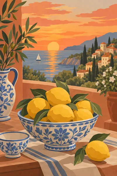 Portrait diamond painting kit showing a bowl of lemons and blue and white china under a sunset sky, in modern boho style with flat shapes and terracot