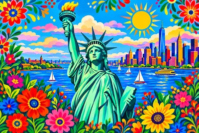 Bright folk art illustration of the Statue of Liberty in New York Harbor, surrounded by colorful, decorative flowers, in a landscape orientation.