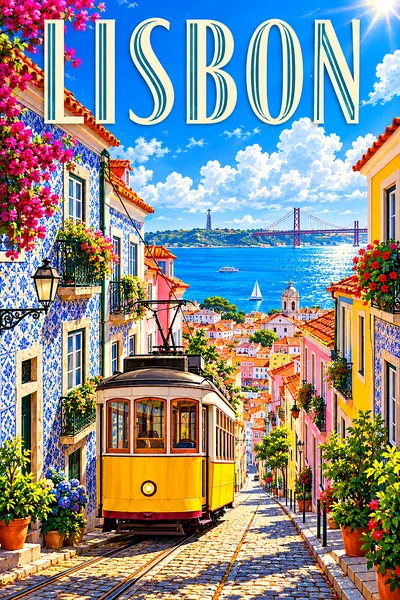 Portrait diamond painting of a steep street in Lisbon with azulejo houses, a yellow vintage tram, a river view, blue sky, and white clouds.