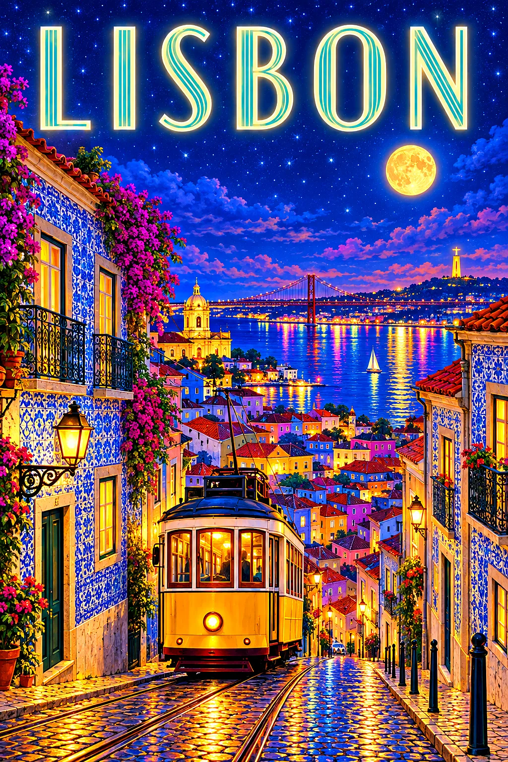 A completed diamond painting kit showing a vintage yellow tram on a steep street in Lisbon at night, with glowing windows, city lights, a river view,