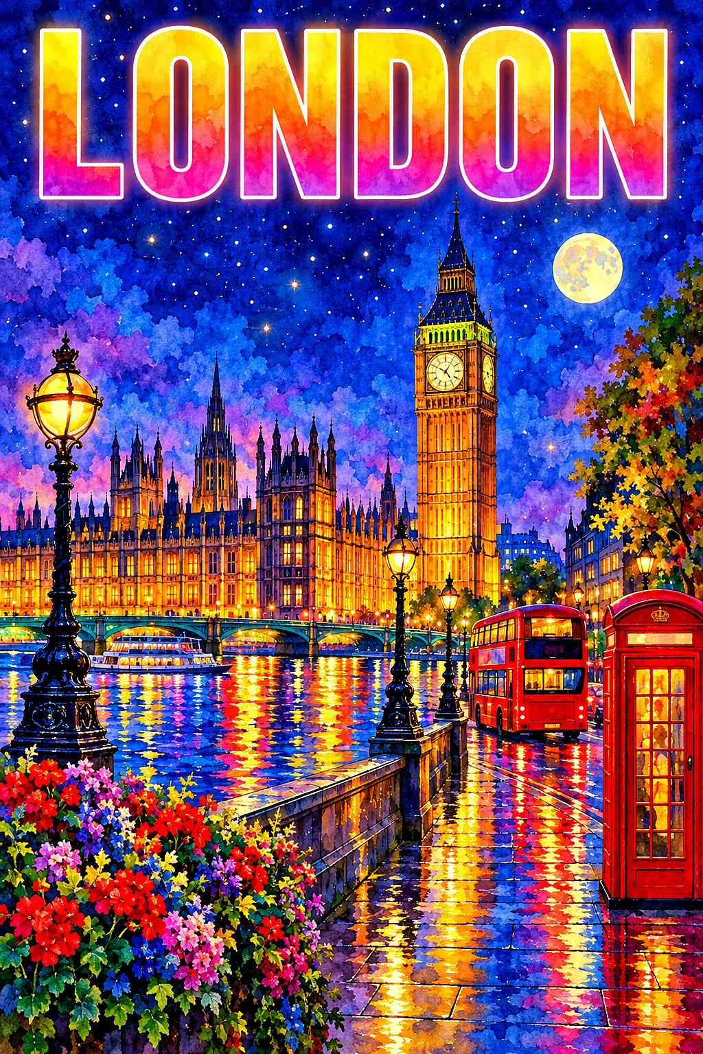 Portrait oriented diamond painting depicting a luminous watercolor London cityscape at night, with a gothic clock tower, parliament, a red double-deck