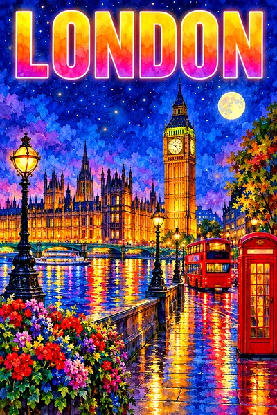 Portrait oriented diamond painting depicting a luminous watercolor London cityscape at night, with a gothic clock tower, parliament, a red double-deck