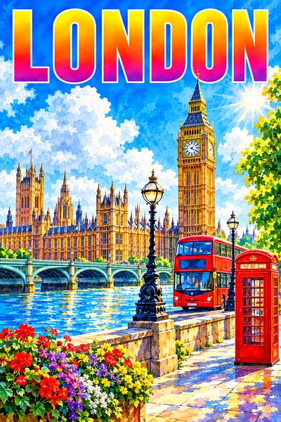 Portrait diamond painting of a sunny London cityscape with a gothic clock tower, parliament, red bus, and telephone box in luminous watercolor style.