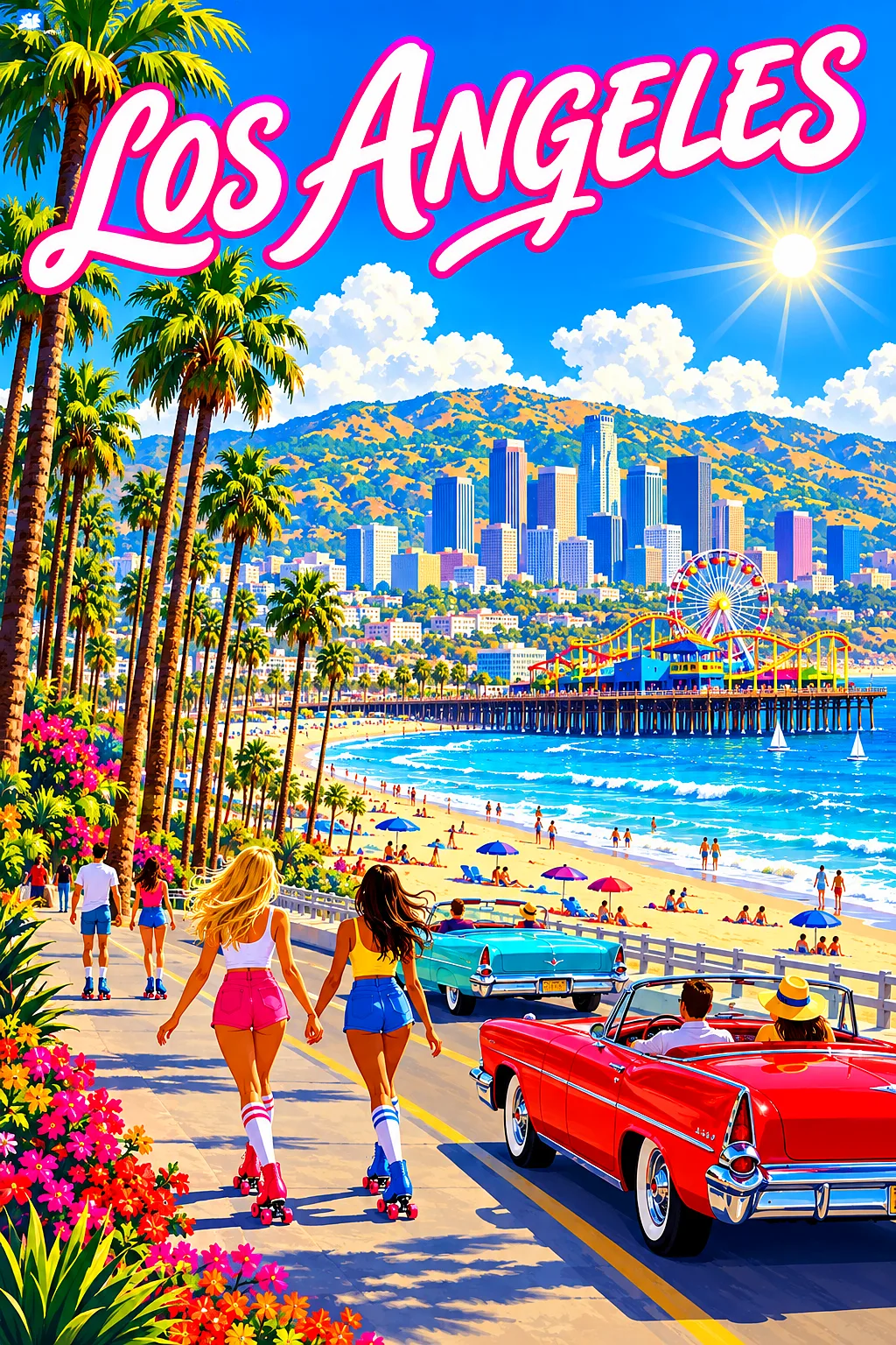 Retro vintage illustration of a sunny Los Angeles beach boulevard with palm trees, roller skaters, vintage cars, a pier, and hills under a blue sky.