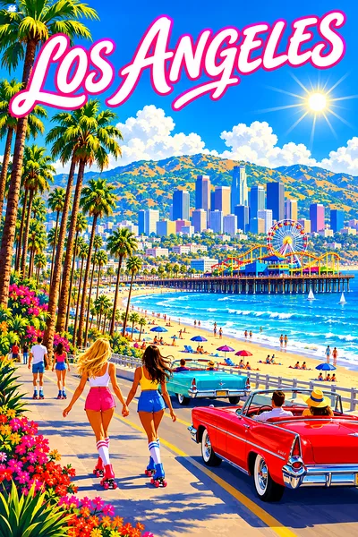 Retro vintage illustration of a sunny Los Angeles beach boulevard with palm trees, roller skaters, vintage cars, a pier, and hills under a blue sky.