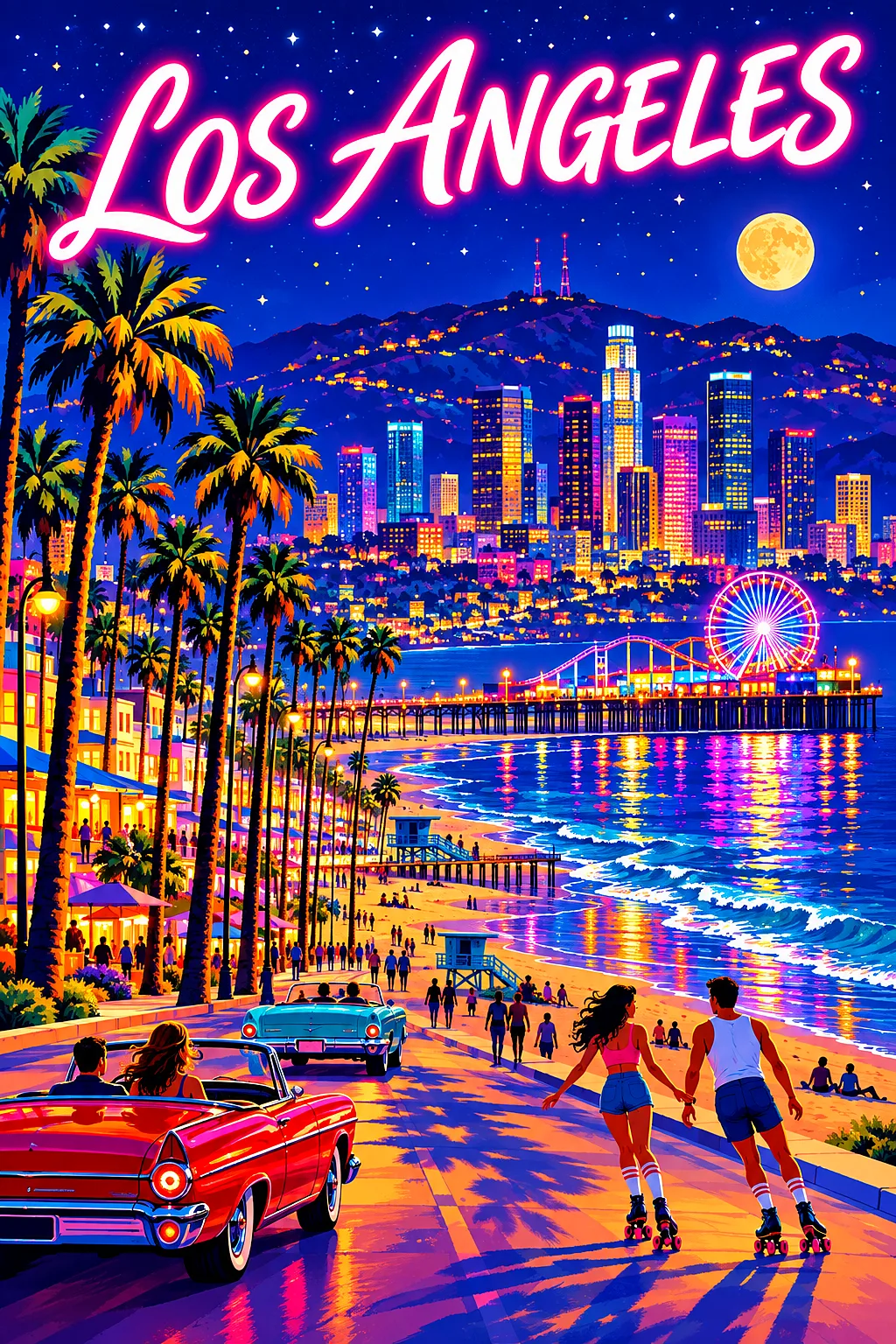 Retro vintage travel poster illustration of a palm-lined beach boulevard in Los Angeles at night with a pier, roller skaters, vintage convertibles, hi
