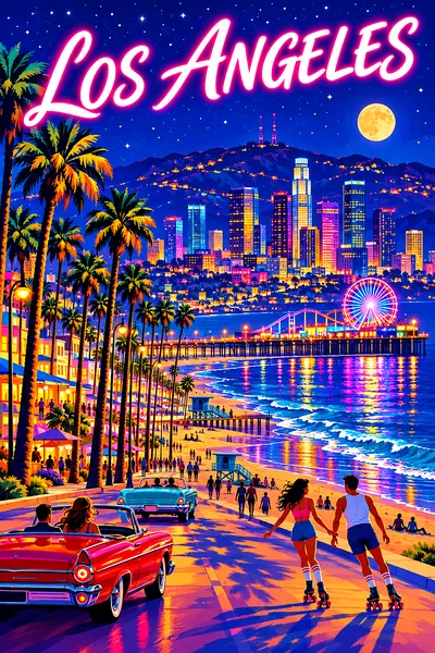 Retro vintage travel poster illustration of a palm-lined beach boulevard in Los Angeles at night with a pier, roller skaters, vintage convertibles, hi