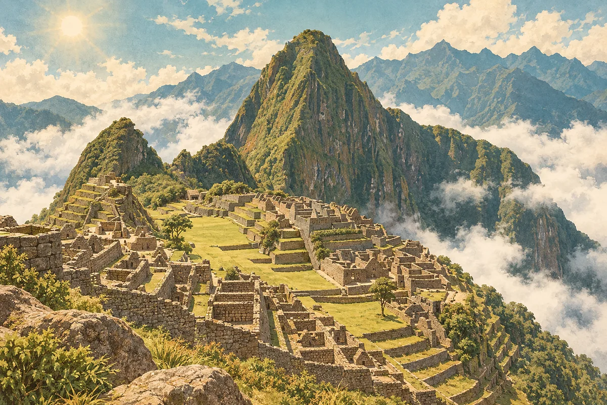 Diamond painting of a vintage illustration of Machu Picchu ruins above clouds, in sepia, cream, and faded teal