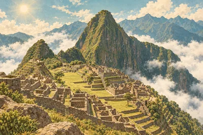 Diamond painting of a vintage illustration of Machu Picchu ruins above clouds, in sepia, cream, and faded teal