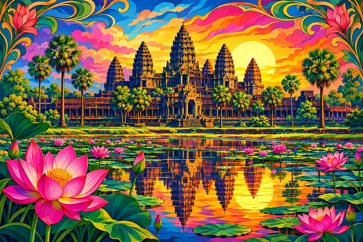 Art nouveau style poster illustration of a majestic temple with multiple towers reflected in a lotus pond under a colorful sky, in rich jewel tones an