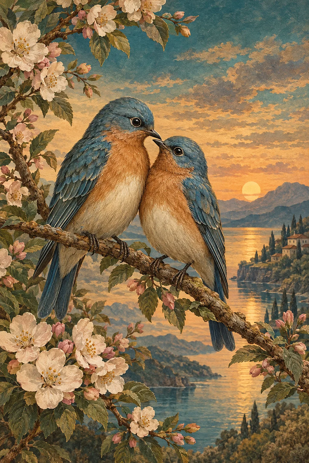 Portrait diamond painting of two lovebirds on a blossoming branch at twilight, in sepia, cream, and faded teal tones, with a jewel-toned sky.
