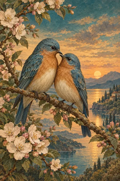 Portrait diamond painting of two lovebirds on a blossoming branch at twilight, in sepia, cream, and faded teal tones, with a jewel-toned sky.