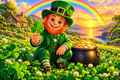 A whimsical landscape diamond painting design of a vibrant green clover field at golden hour with a bright rainbow arching overhead.
