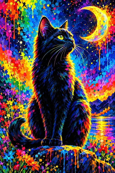 Close-up of a finished diamond painting kit showing a black cat under a crescent moon with rainbow paint splashes and dramatic rim lighting.