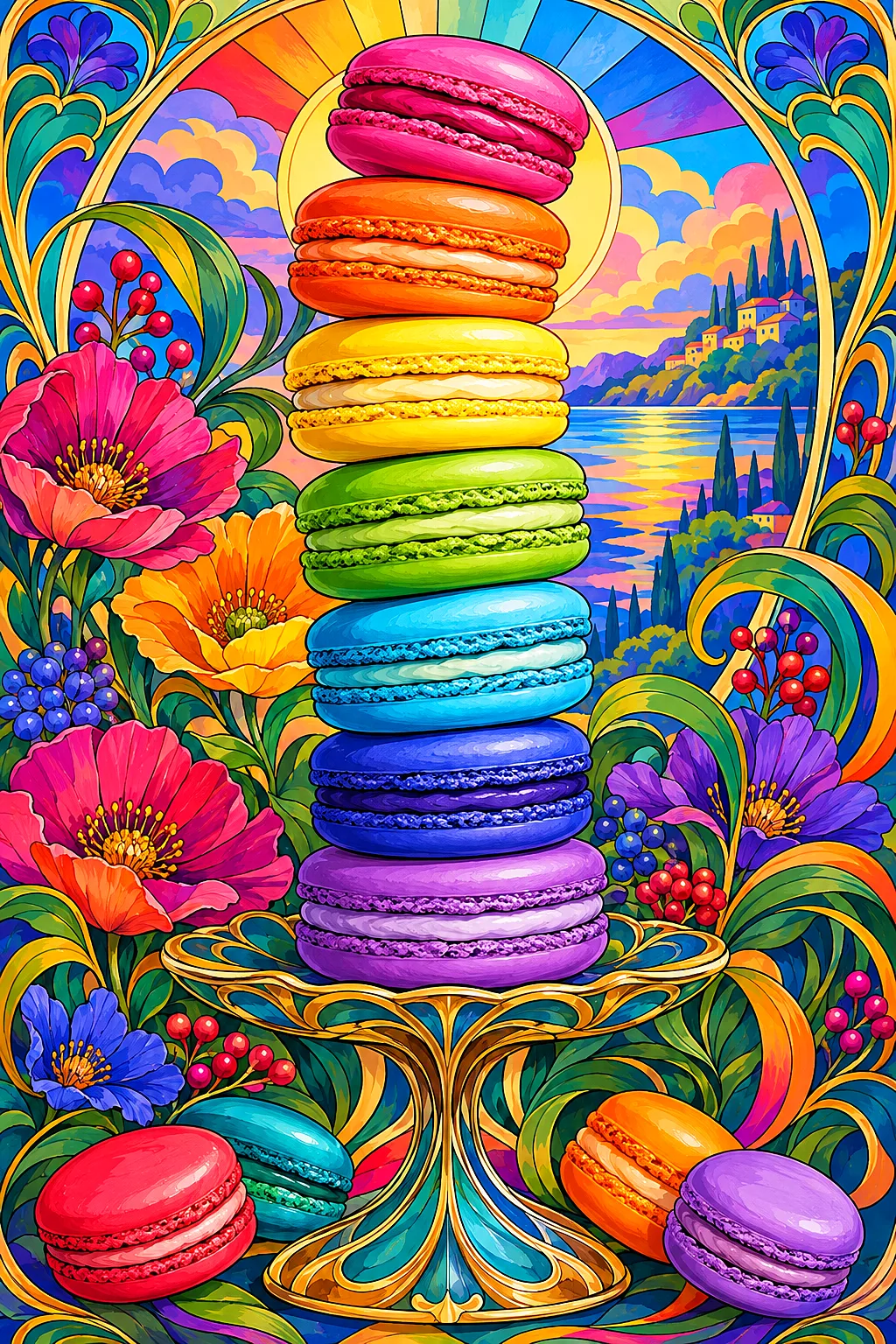 A completed diamond painting depicting a tall tower of brightly colored macarons in an art nouveau poster illustration style, featuring flowing lines