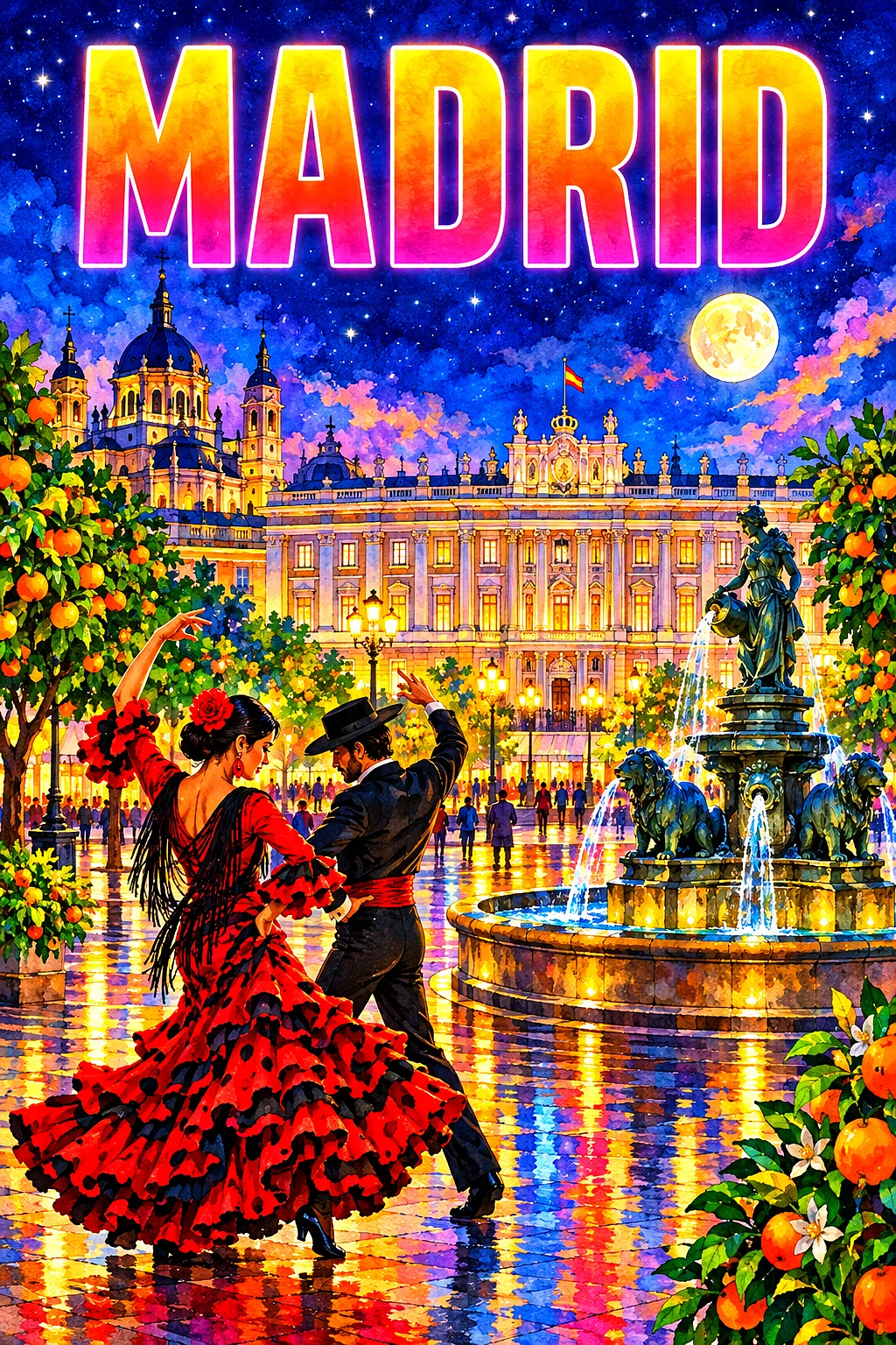Portrait diamond painting depicting a luminous watercolor scene of a grand plaza in Madrid at night, with a royal palace, flamenco dancers, orange tre