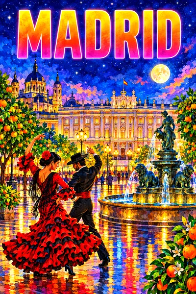 Portrait diamond painting depicting a luminous watercolor scene of a grand plaza in Madrid at night, with a royal palace, flamenco dancers, orange tre